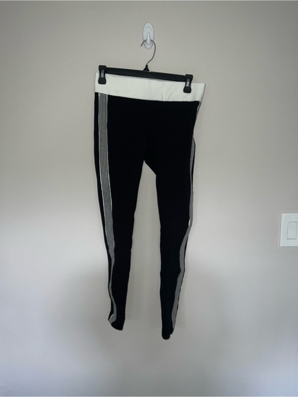Black Leggings with White Waistband and Side Stripe Stretchy Work pants Zara M